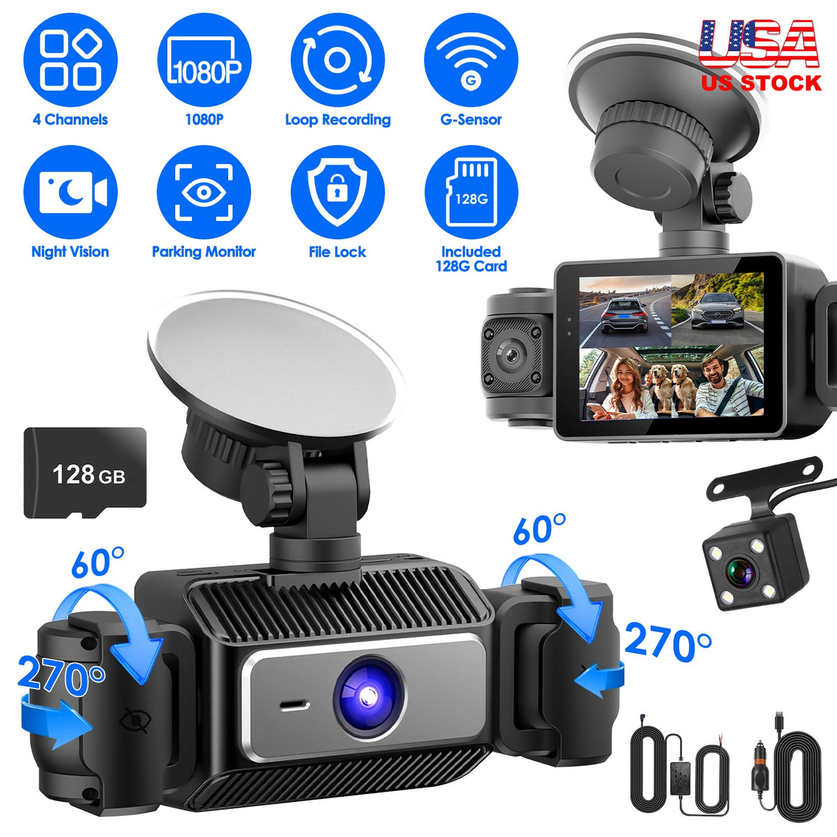Cam 4 canaux avec carte MMC 128G 1080P avant 720P gauche droite 480P arrière G-sensor P