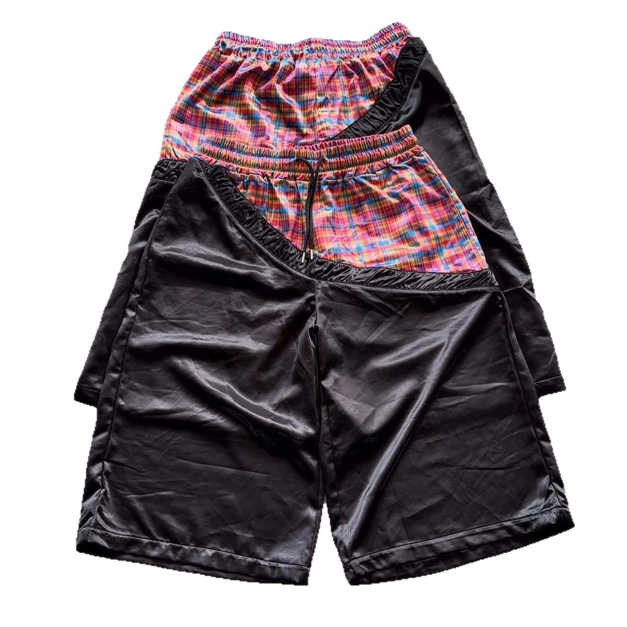Retro Patchwork Color-Block Plaid Sports Short à large leg