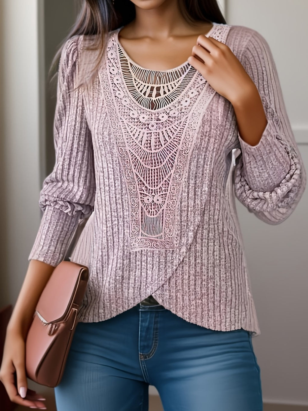 Autumn Solid-color Dentelle jumelée Col rond Top féminin à manches longues