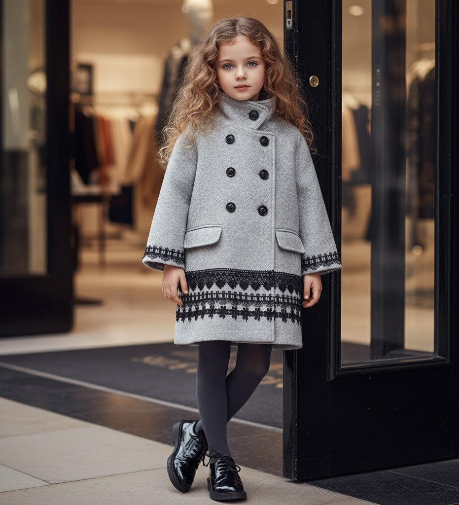 Filles Vintage Princesse Doll-Style Veste gris Outwear Woolen Manteau 2-3-4-5Y