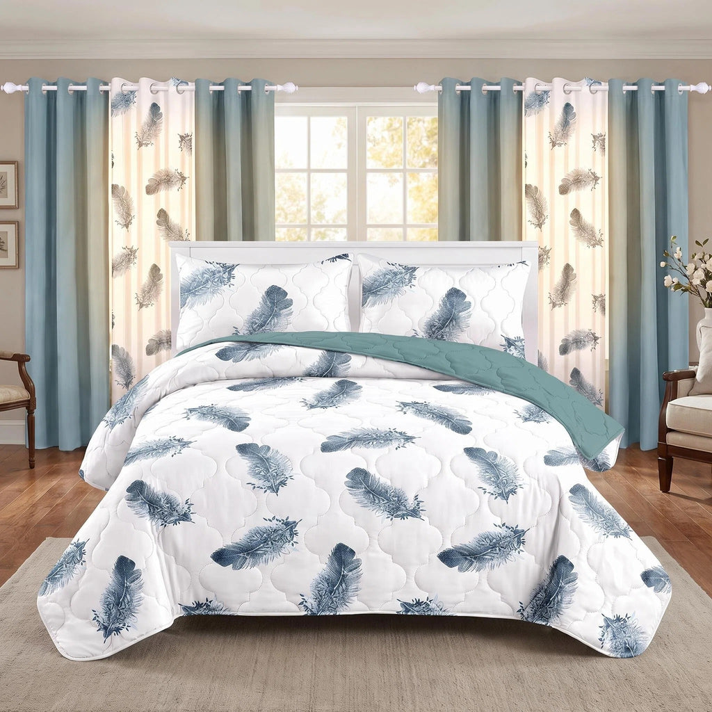 Couche de lit et jeu de rideaux en plume bleue 9 pièces