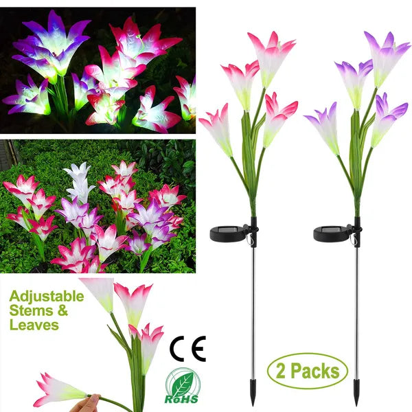 2Pcs Solar Garden Lights Outdoor Lily Flower LED Light 7 couleurs changeant IP65 Waterproof Fo