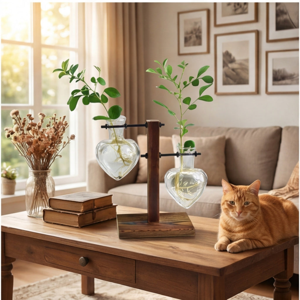 Vase en verre décoratif avec 2 vases en forme de coeur et un support en bois