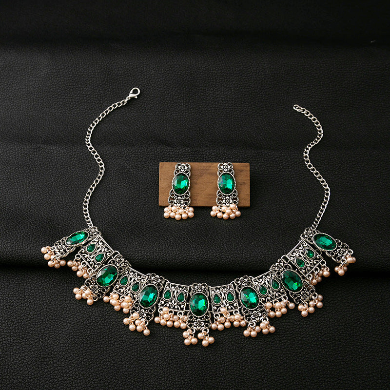 Boucles d'oreilles vintage Emerald Style ethnique Square Tassel Perle Pendentif bijoux costume