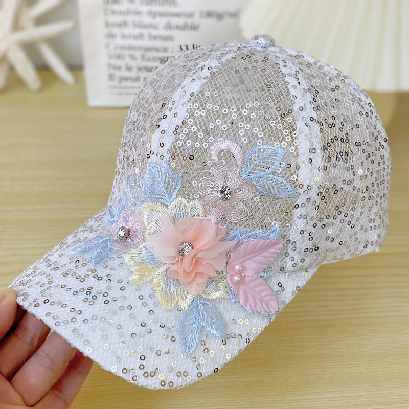 Casquette de baseball pour femmes Mesh Sequin avec décoration florale tridimensionnelle exquise