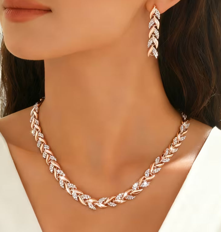 2PCS Collier de collier de feuille de verre Set Élégant collier chaîne en Strass Bracelet pour femme Mode
