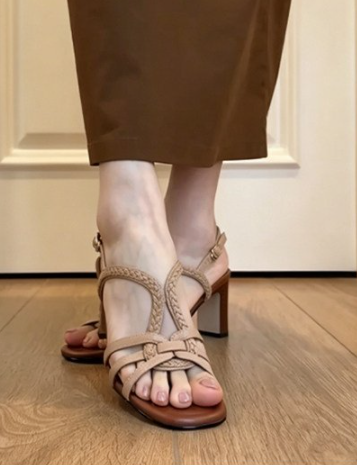 Femmes French Vintage Woven Cutout Ankle Strap Block Talon Sandales