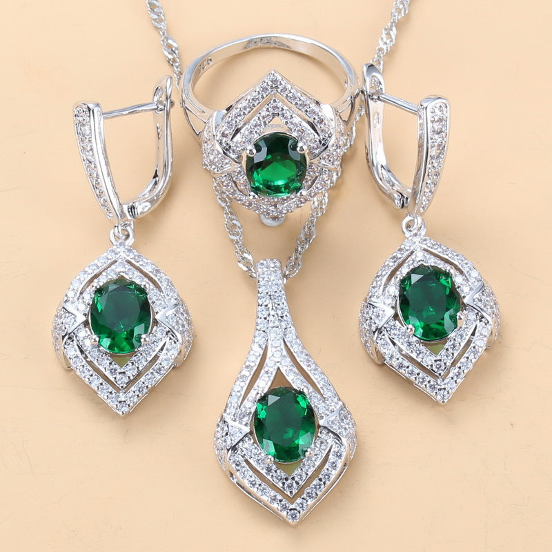 Boucles d'oreilles pendentif en étoffe gemme Collier Anneau Mesdames Ensemble de trois pièces