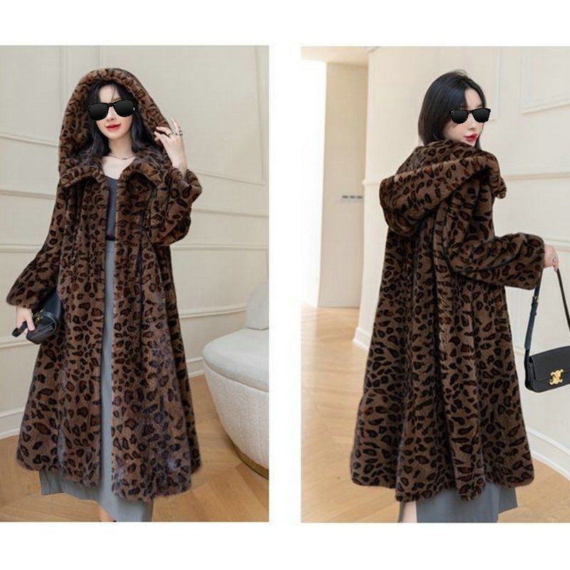 Leopard-print Longueur prolongée Sur-le-genre Faux Mink-fur Manteau