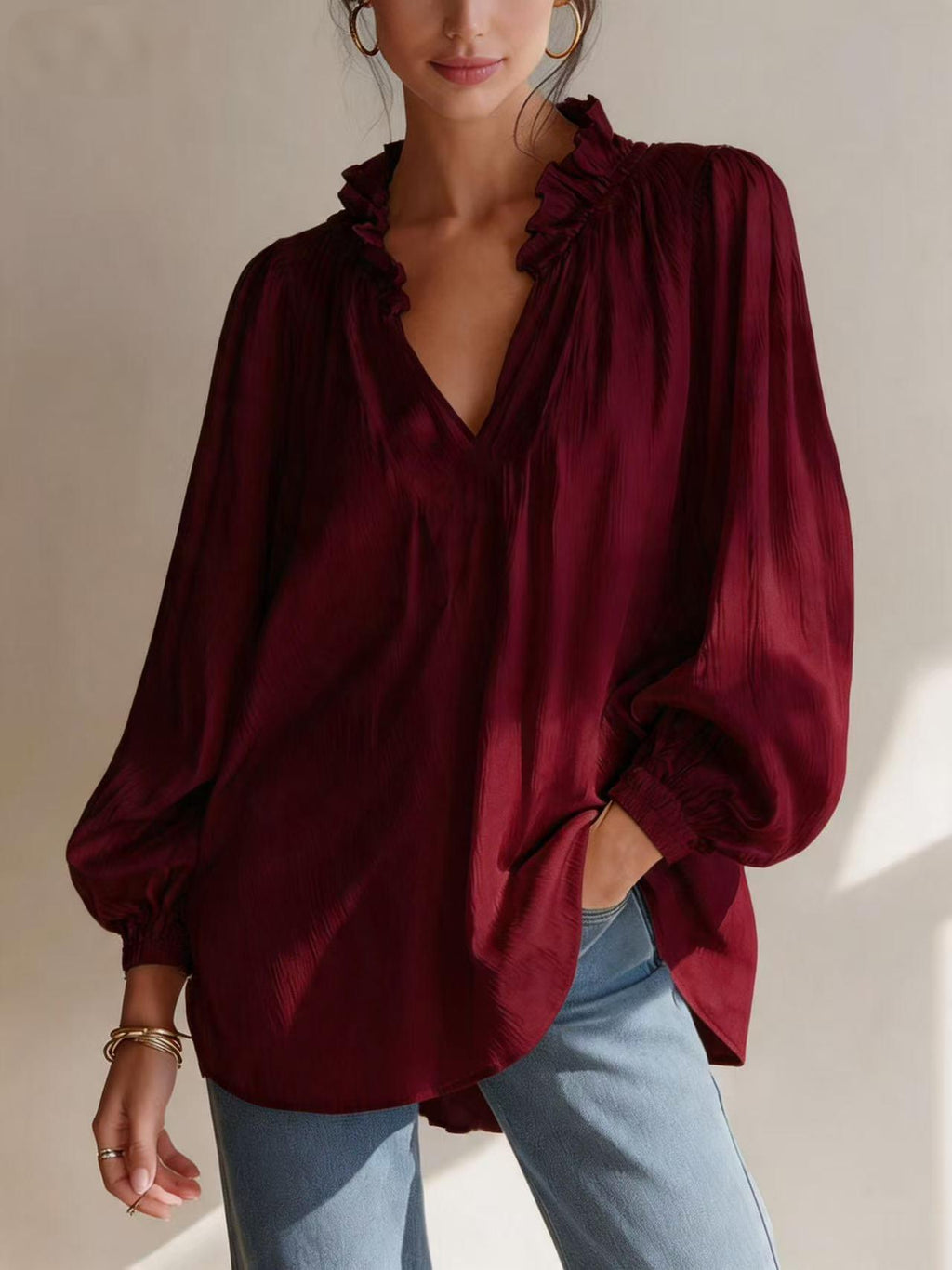 Femmes Casual Ruffled-edge V-neck Blouse à manches de puff