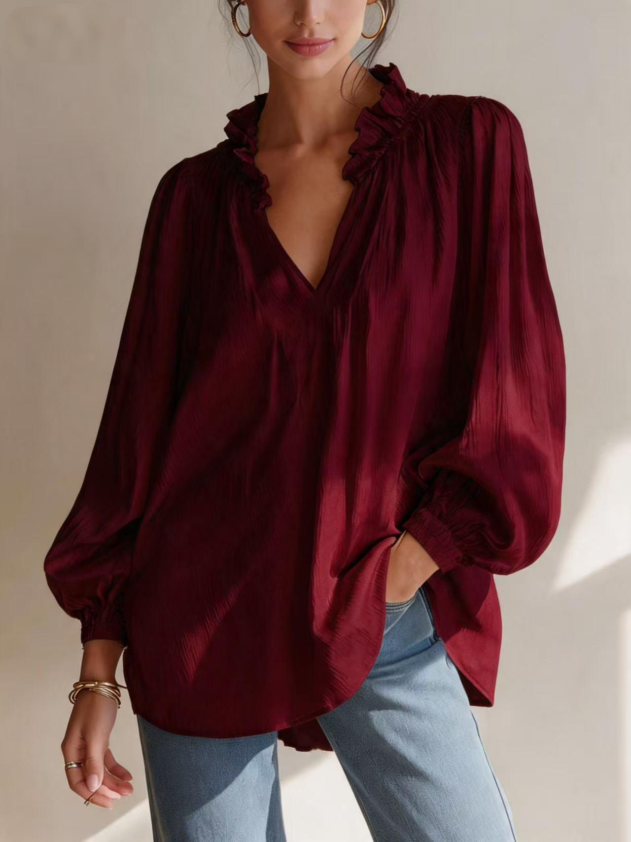 Femmes Casual Ruffled-edge V-neck Blouse à manches de puff