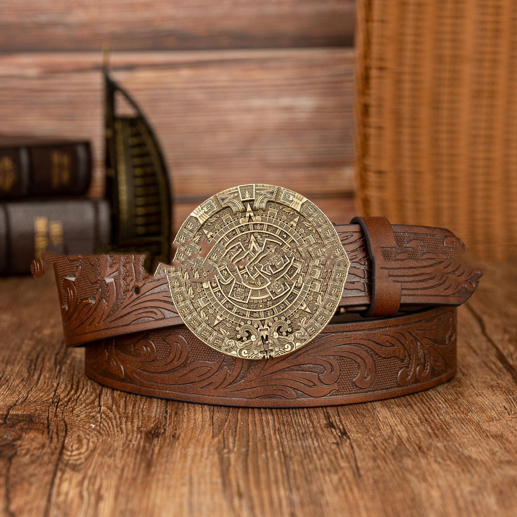 Aztec Sun Calendrier Boucle en pierre Retro PU Ceinture en cuir
