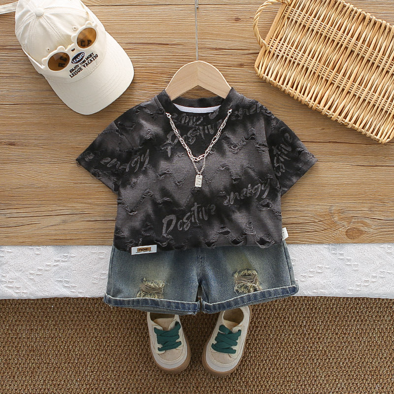Boys Summer Outfit Stylish Denim Shorts Two-Piece Set
