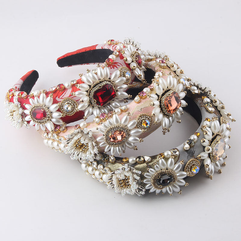 European and American Style Baroque Light Luxury Sponge Rhinestone Pearl GEM Headb