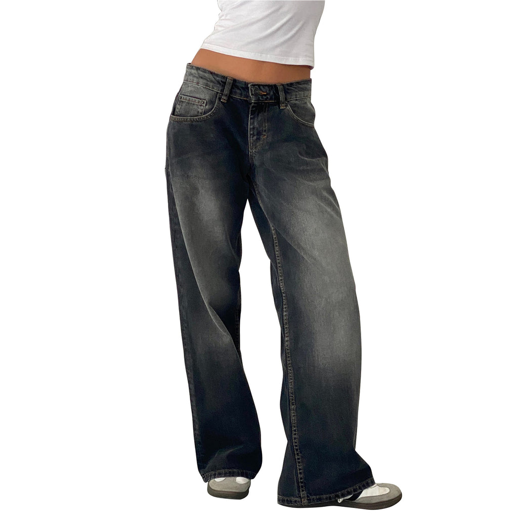 American Style Retro Low Waist Non élastique Lavé droit Jeans Femme Autumn Street Wid