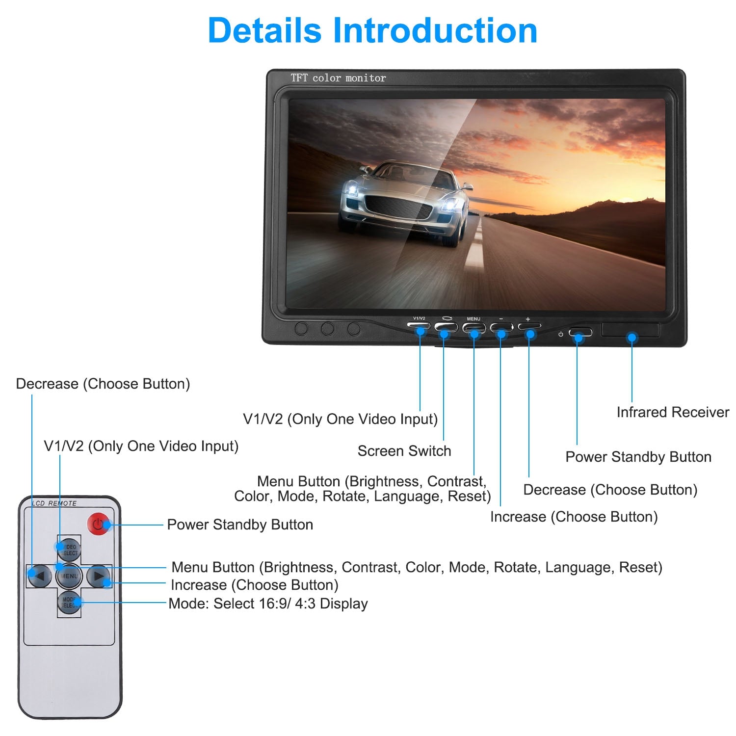 Caméra de sauvegarde d'écran 1Pc 7In Kit de moniteur de vision arrière du véhicule IP67