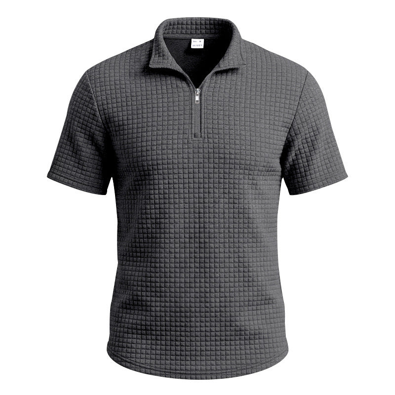 Homme Jacquard Plaid Relaxed-fit Stand-collar Polo manches courtes