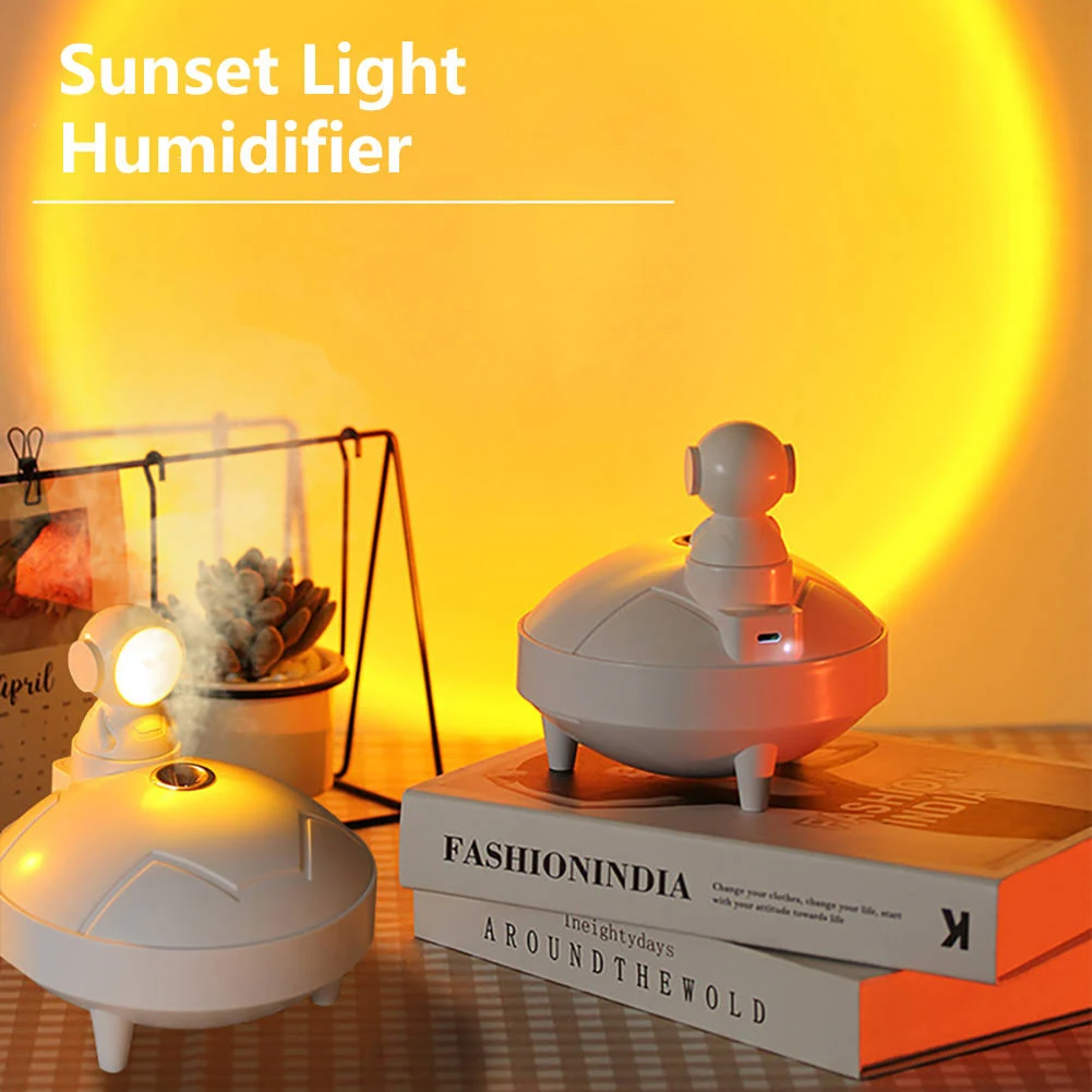 Astronaute Coucher de soleil Humidificateur 2 Mode de pulvérisation 360 degrés Tête tournante Astronaute Lumière