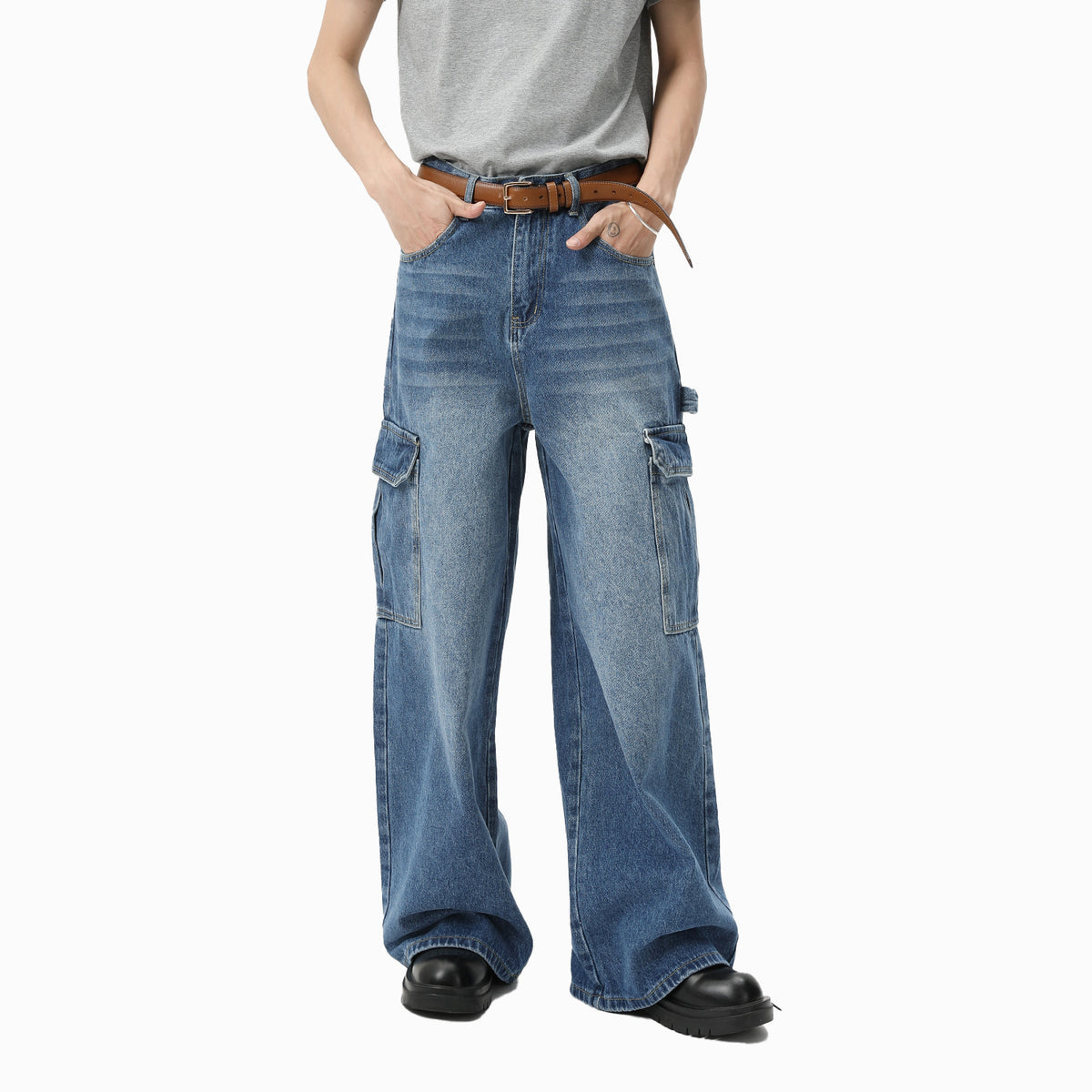 Pantalon de travail occasionnel à jambe large blanchie Multi-pochette droite