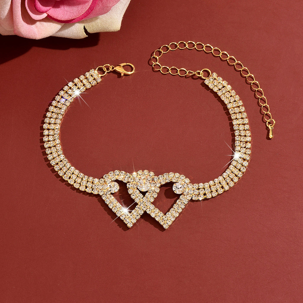Femmes entrelacées Double coeur CZ Tennis Anklet