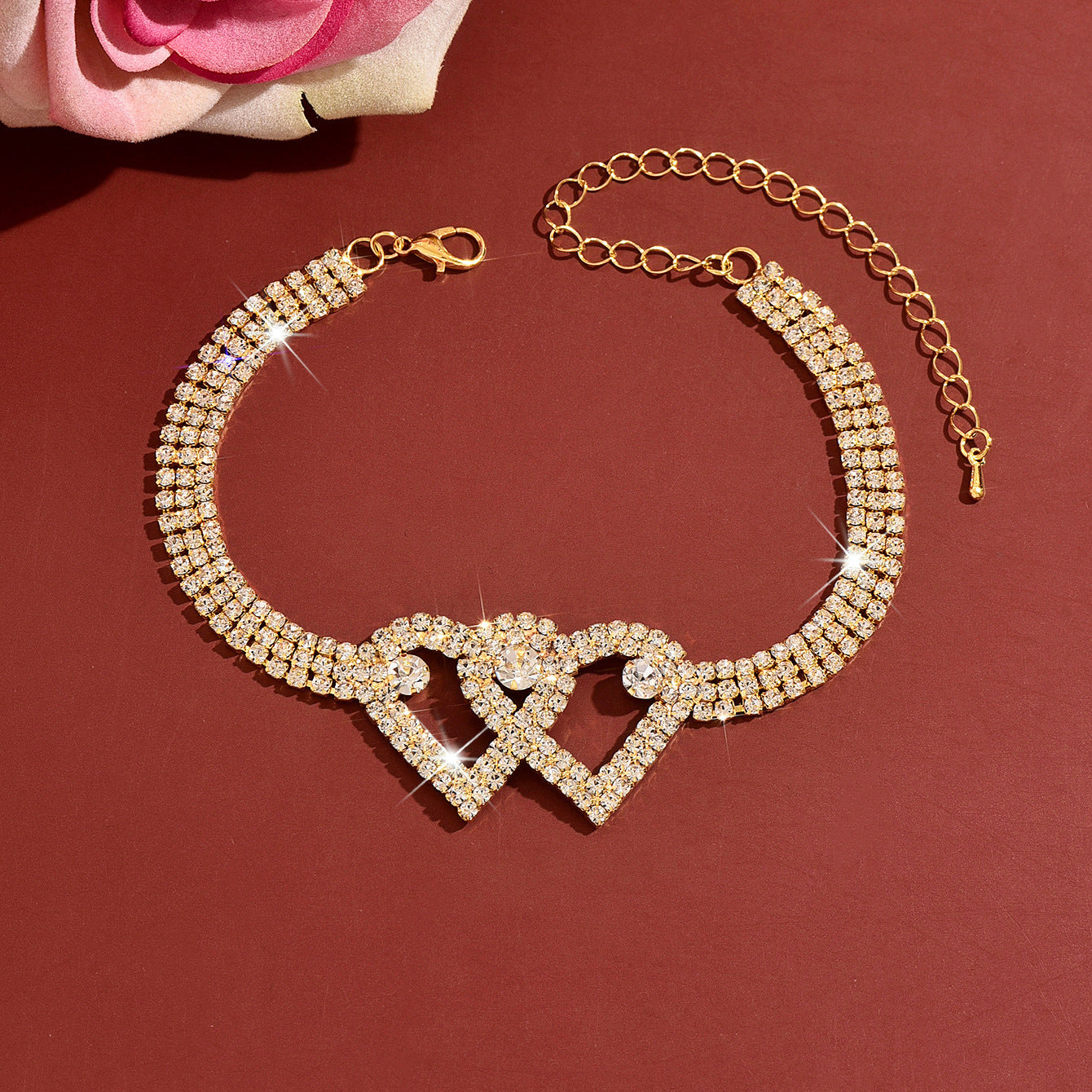 Femmes entrelacées Double coeur CZ Tennis Anklet
