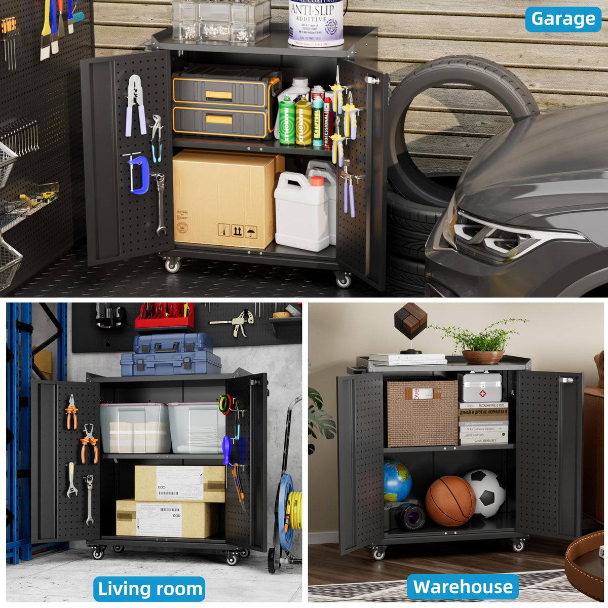 Armoire de rangement en métal avec roues enroulement Armoire de rangement avec 2 portes et Shel réglable