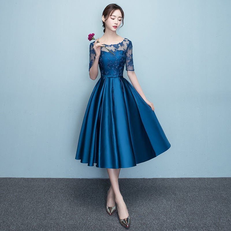 Western Style Banquet d'été mi-longueur Elegant Party Blue Slim-looking Annual Party Eveni