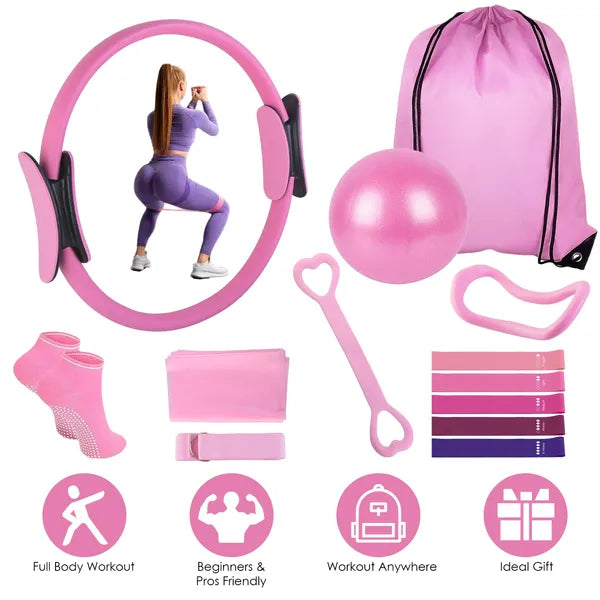 14Pcs Pilates Anneau Essentials-Kit pour les femmes avec bras de bal de yoga Stretcher 5 bandes résistantes