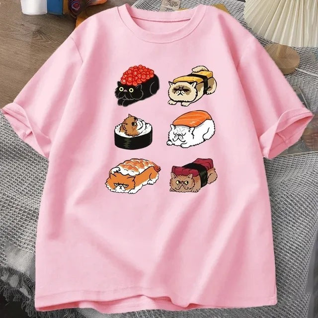 T-shirt Kawaii Cute Cat Sushi pour l'été