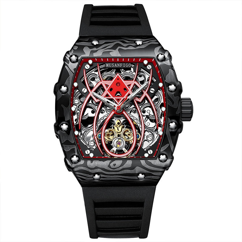 En forme de barillet Entièrement automatique mécanique Lumineux Sport Mode Hommes Montre Hollow-out