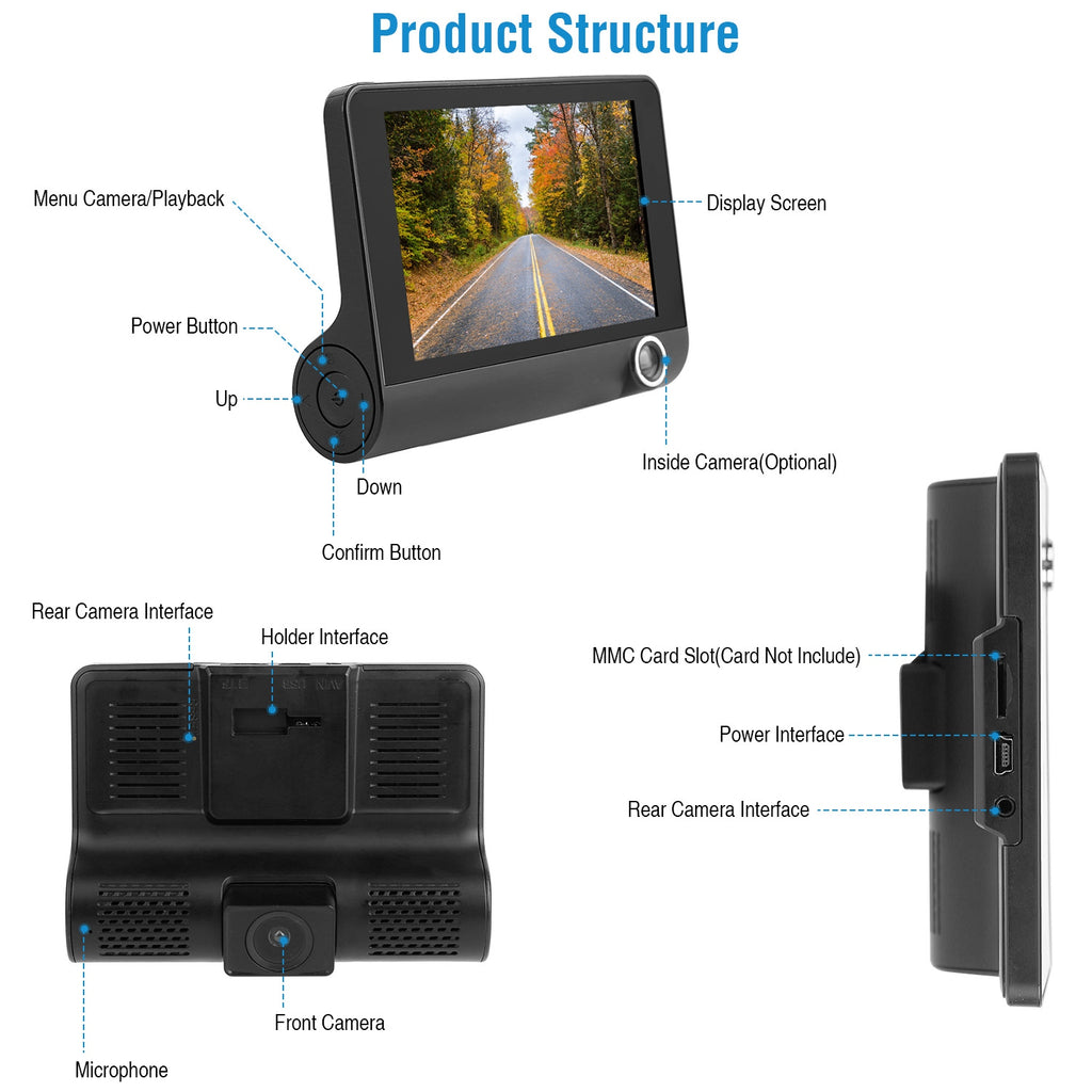 1296P Voiture DVR Dash Camera 4En 3 Lens Vehicle Drive Recorder Enregistrement sans couture