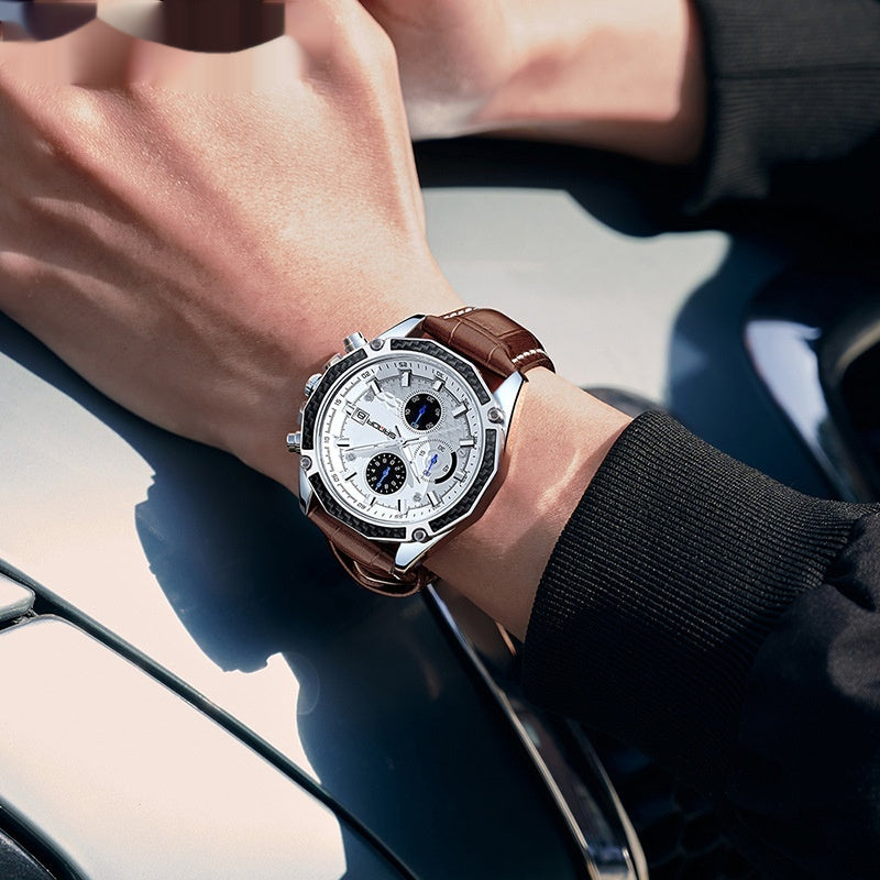 Calendrier de la sangle de quartz Trois yeux et six aiguilles montre pour hommes