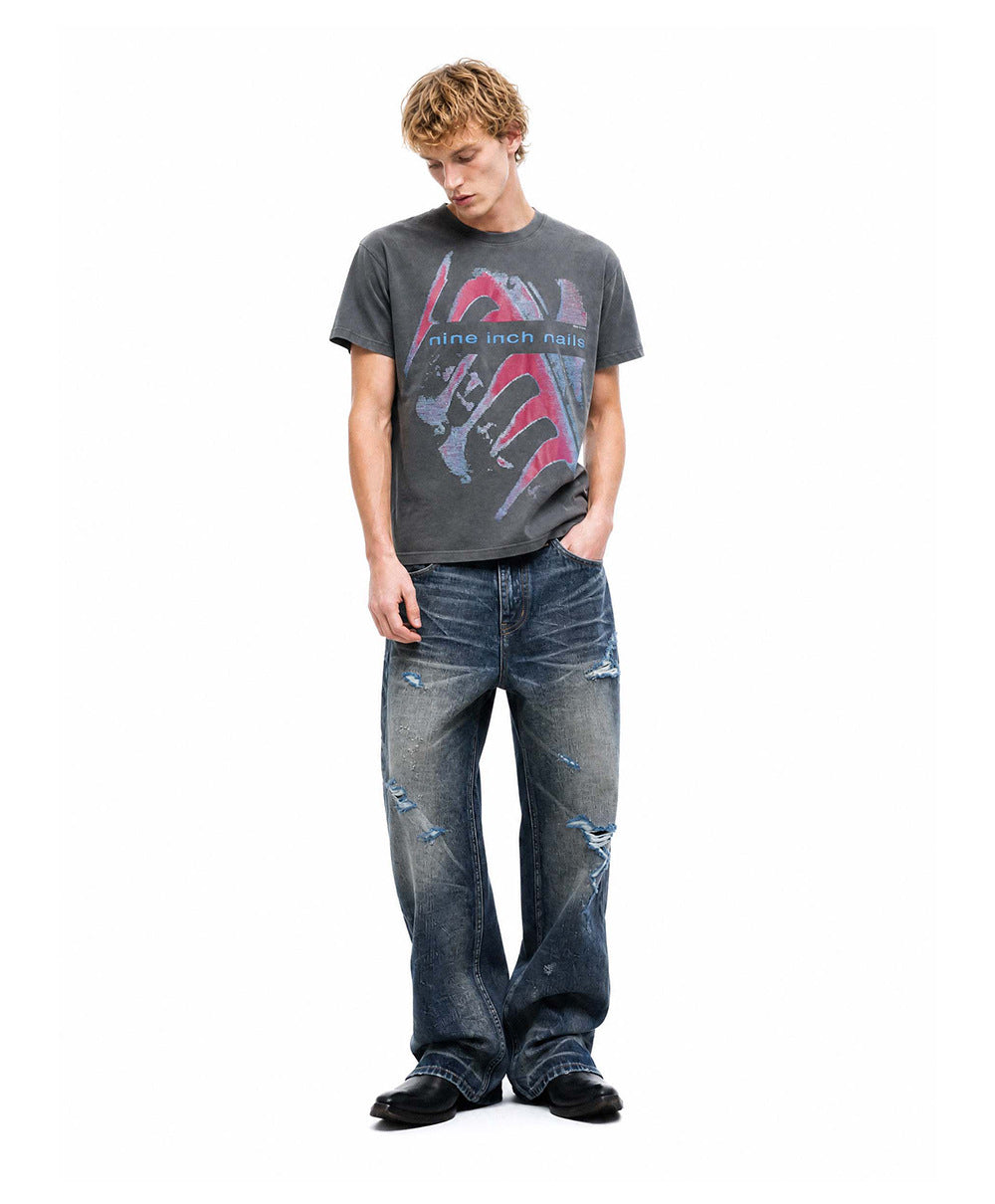 Style américain Vintage Lavé-et-détresse imprimé Relaxed-fit manches courtes