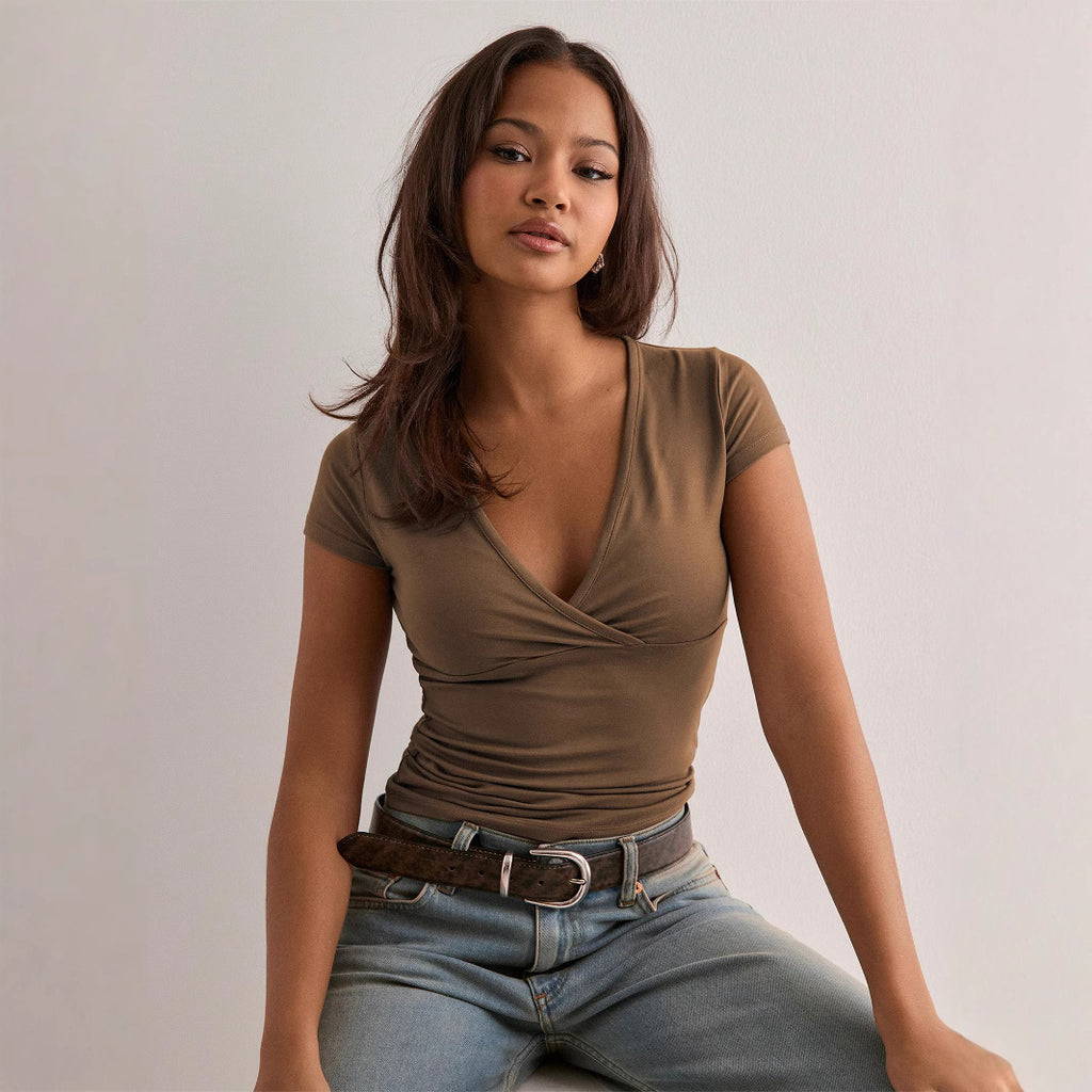 Style européen et américain Deep V-Neck Solid Color Waist-Cinching Slim-Fit Elegant Fashio