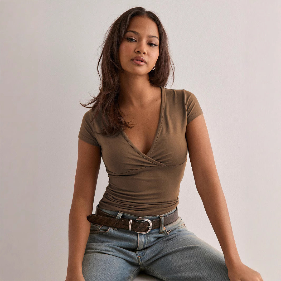 Style européen et américain Deep V-Neck Solid Color Waist-Cinching Slim-Fit Elegant Fashio