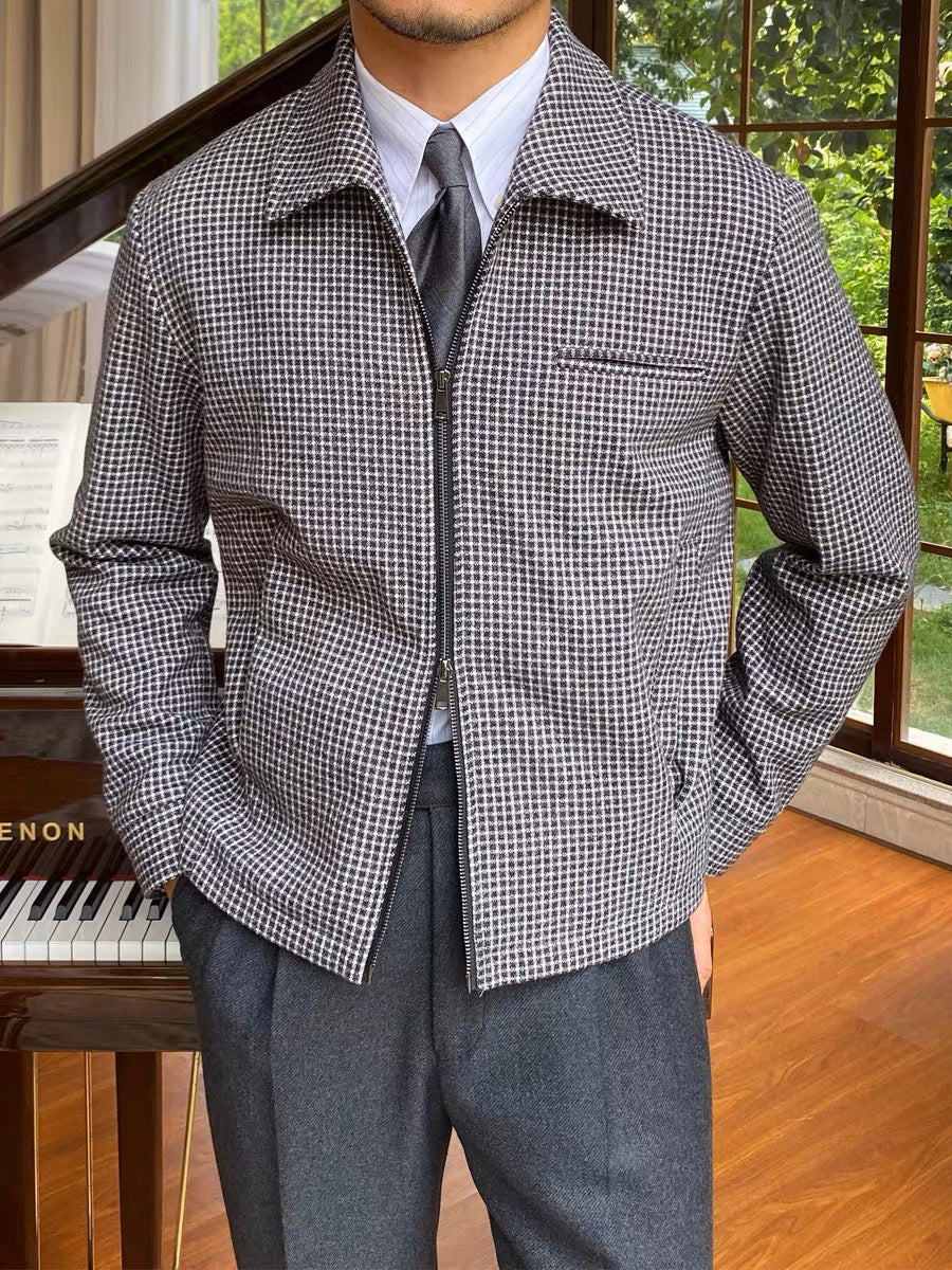 Retro Zipped Houndstooth Casual Coat Retro Lapel Casual Warm Jack à la main