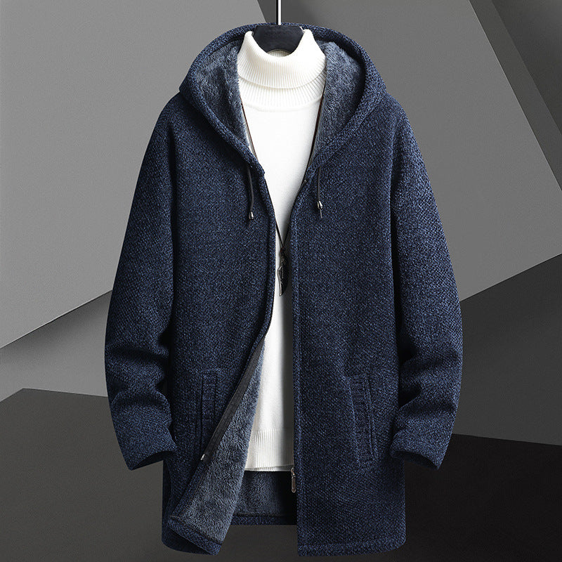 Automne d'hiver Hommes doublés de polaire mi-longueur Zipper Chandail à capuche Cardigan