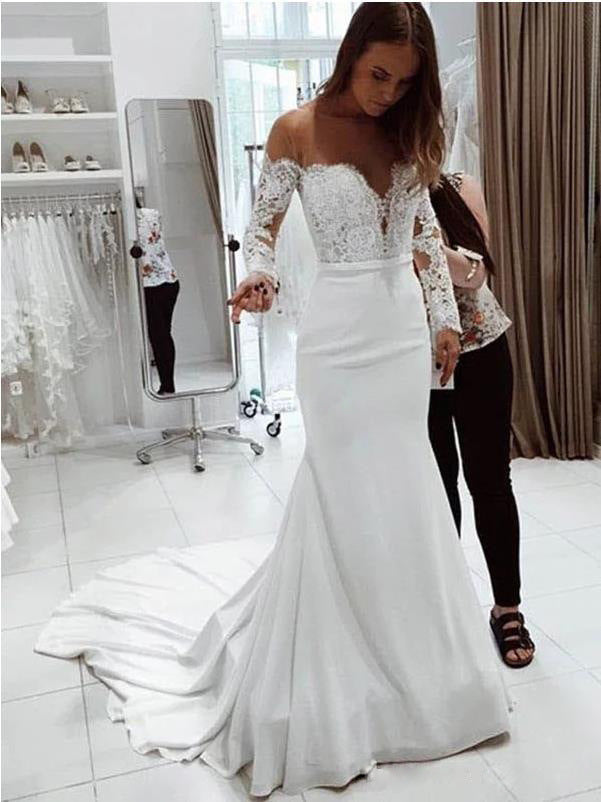 Mode Une épaule Dentelle Longue Manche Robe de mariage