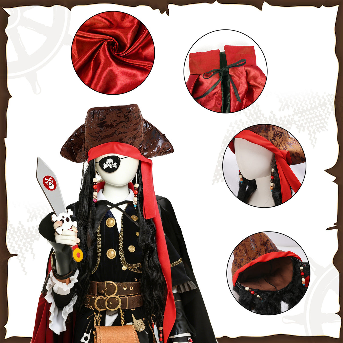 Ensemble de costumes de capitaine de pirates 3 pièces avec masque de sommeil