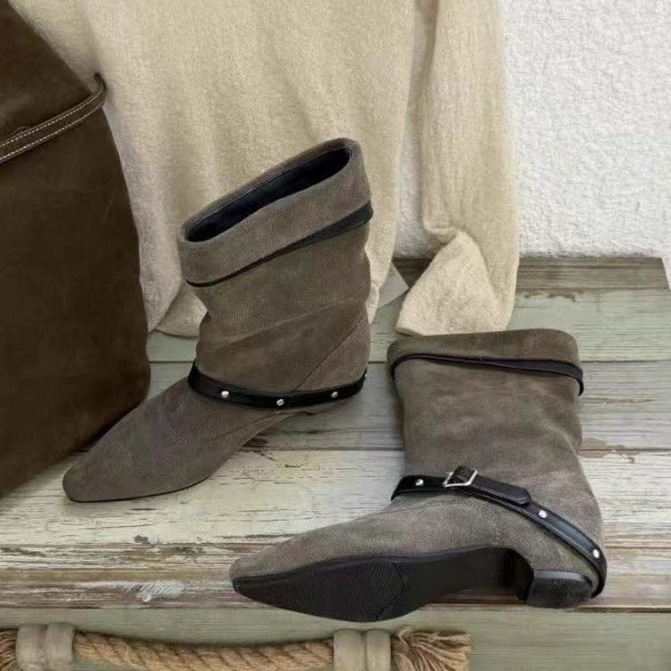 Femmes pointu Toe Suede Slouch Mid Calf Bottes Vintage rivet Buckle Strap Western Cowboy Bo