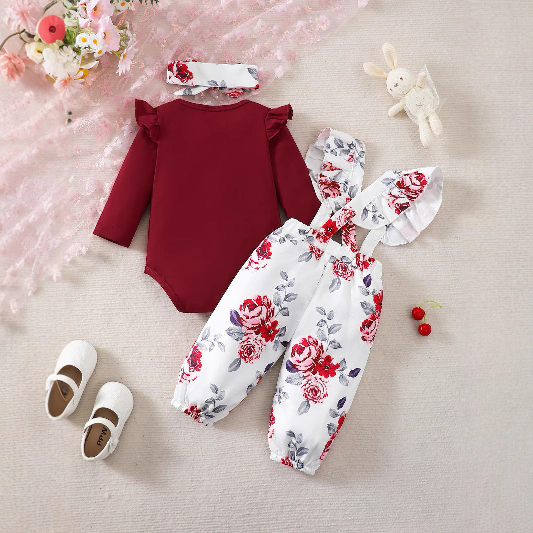 Bodysuit à manches longues en couleur unie Pantalon de suspension imprimé Bandeau 3 pièces