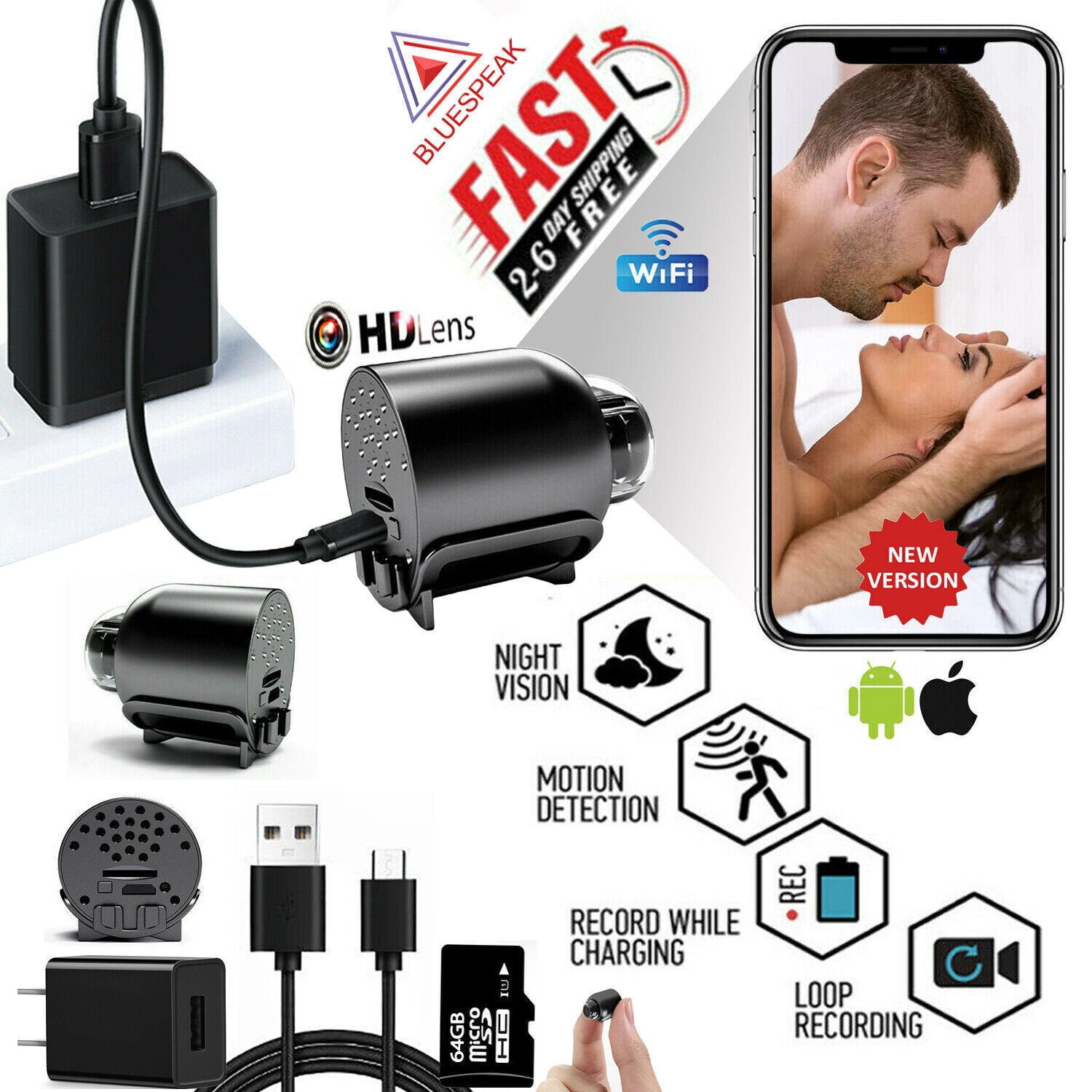 Gratuit 64G HD caméra cachée Spy Nanny sans fil Wifi Maison Sécurité nuit vision HD 1080P