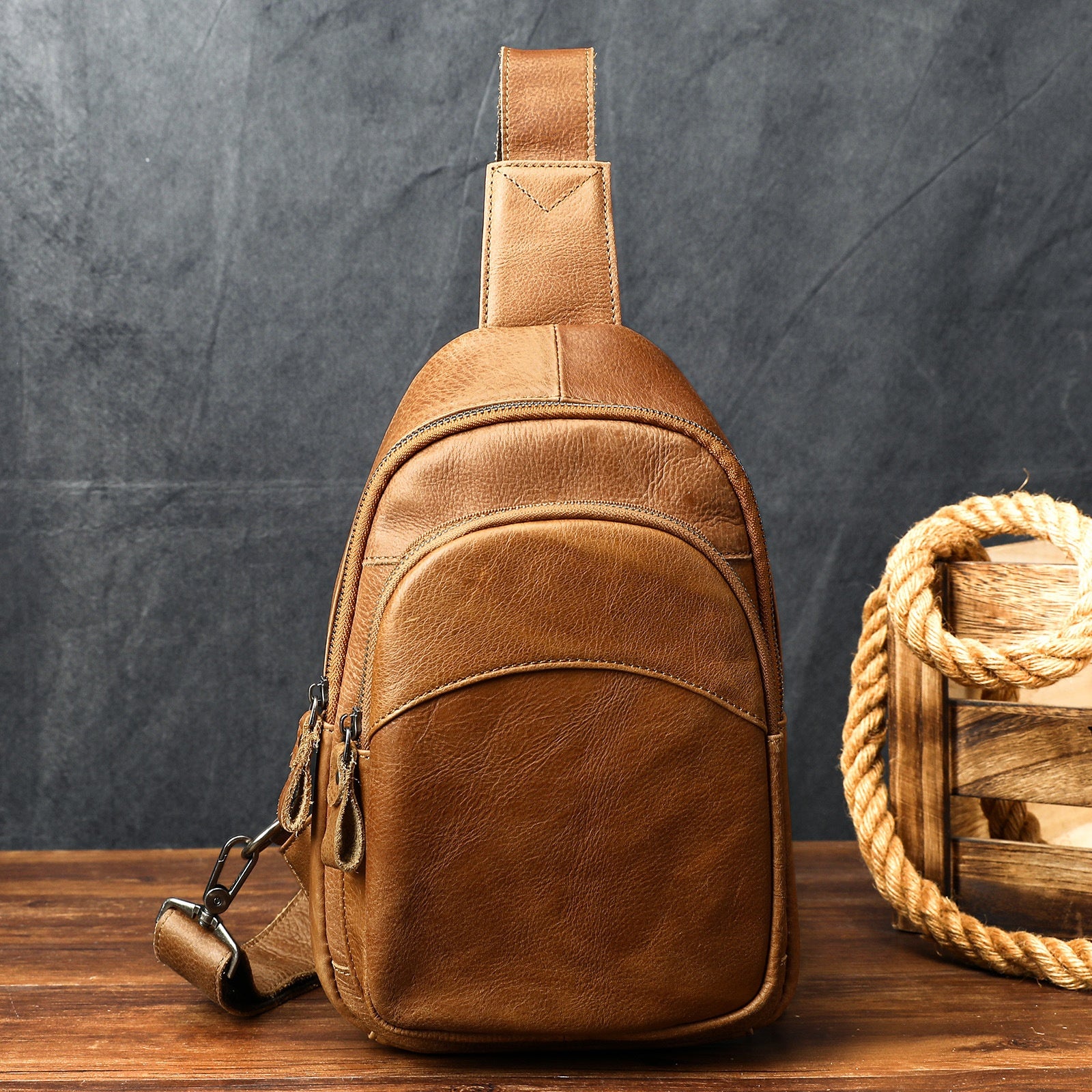 Homme Épaule plein-grain Casual Minimalist sac poitrine Grande capacité Cuir véritable
