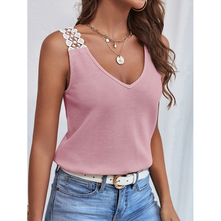 Printemps et été des femmes de couleur solide Casual Dentelle Waffle Splicing T-shirt Top Top