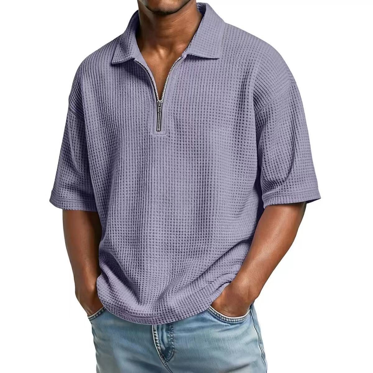 Men's European and American Summer Polo Shirt Waffle Solid Color Sports Casual Simple Shor