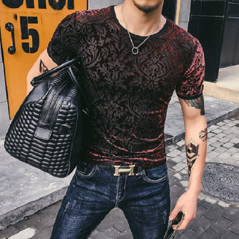T-shirt en soie de glace en velours d'or pour homme Respirant manches courtes à col rond