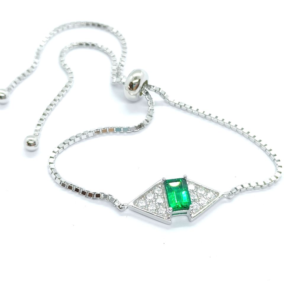 S925 Argent Sterling Rectangle 6x4mm Lab-Grown Emerald Ruby Bracelet 22cm Slider Adjustabl