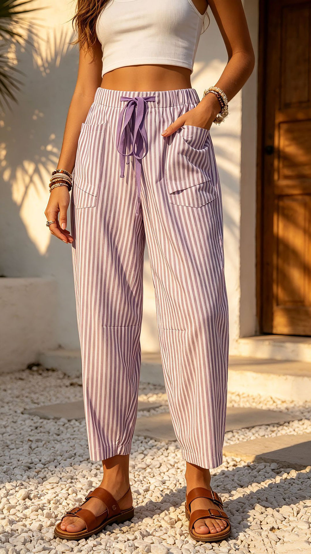 Pantalon pour femmes à poil élastique à imprimé rayé occasionnel