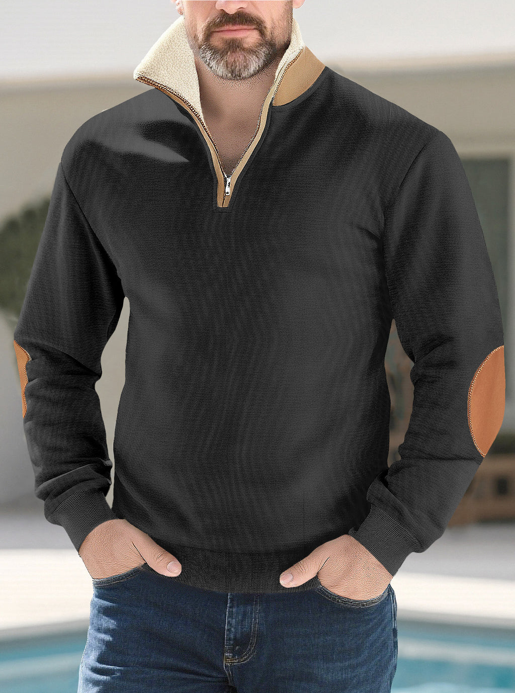 Men's Versatile Embroidered Patchwork Long-Sleeve Half-Placket