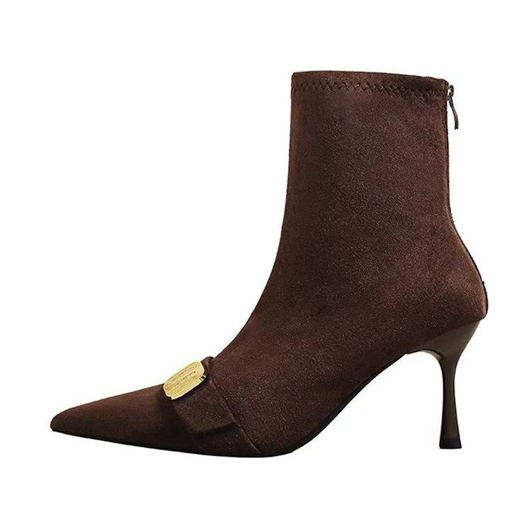 Femmes Pied pointu orteil noir Haut talon Bottes de cheville en métal français Boucle élastique Slim Fit Bottes